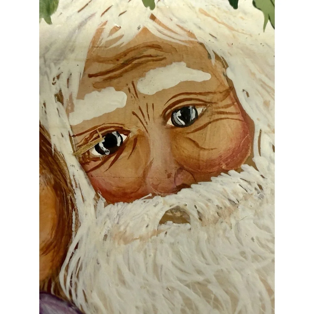 Signed Hand Painted Santa Child Wood Shelf Sitter Folk Art Christmas 1994